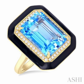 All Purpose Gift Strong Look 14x10 MM Emerald Cut Blue Topaz and 1/5 Ctw Round Cut Diamond Halo & Black Enamel Border Semi-Precious Ring in 14K Yellow Gold