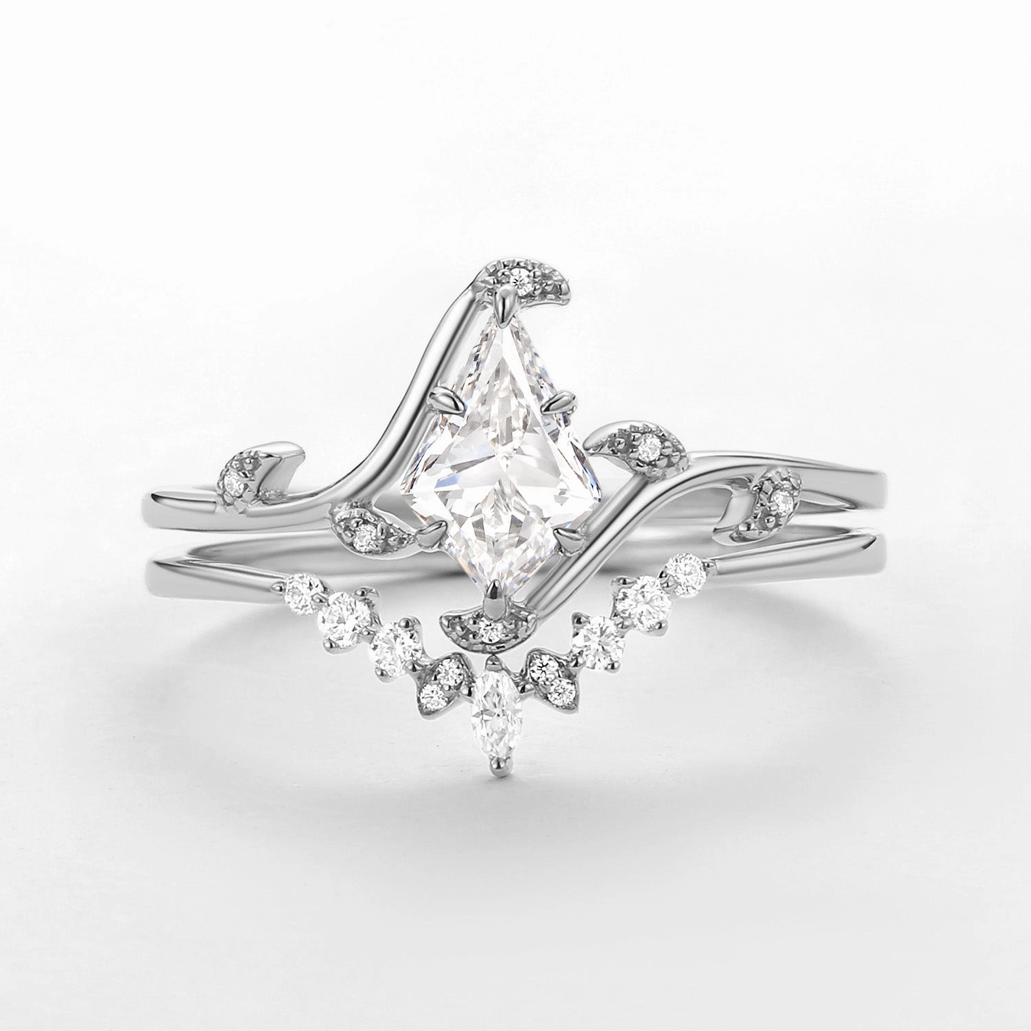Unique Kite Cut Lab Grown Diamond Leafy Engagement Ring Sets 2pcs - Ivy Durable piece Genuine Sentiment