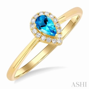 Brilliant Piece Amazing Embellishment 5x3 MM Pear Shape Blue Topaz and 1/20 Ctw Single Cut Diamond Halo Semi-Precious Ring in 14K Yellow Gold