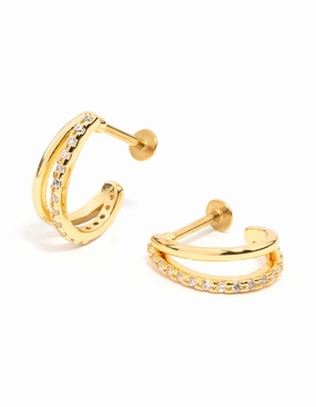 Distinctive Finish Day Accent Gold Plated Surgical Steel Double Cubic Zirconia Hoop Flat Back 2-Pack