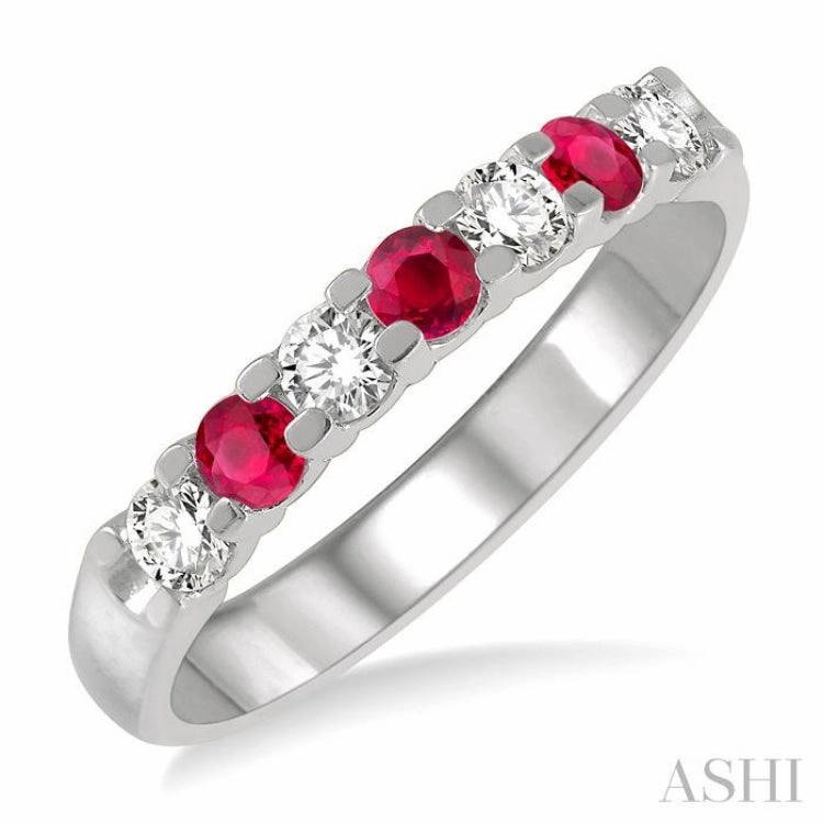 Storage Solution Classic Flow 3 MM Ruby and 3/8 Ctw Round Cut Diamond Precious Wedding Band in 14K White Gold