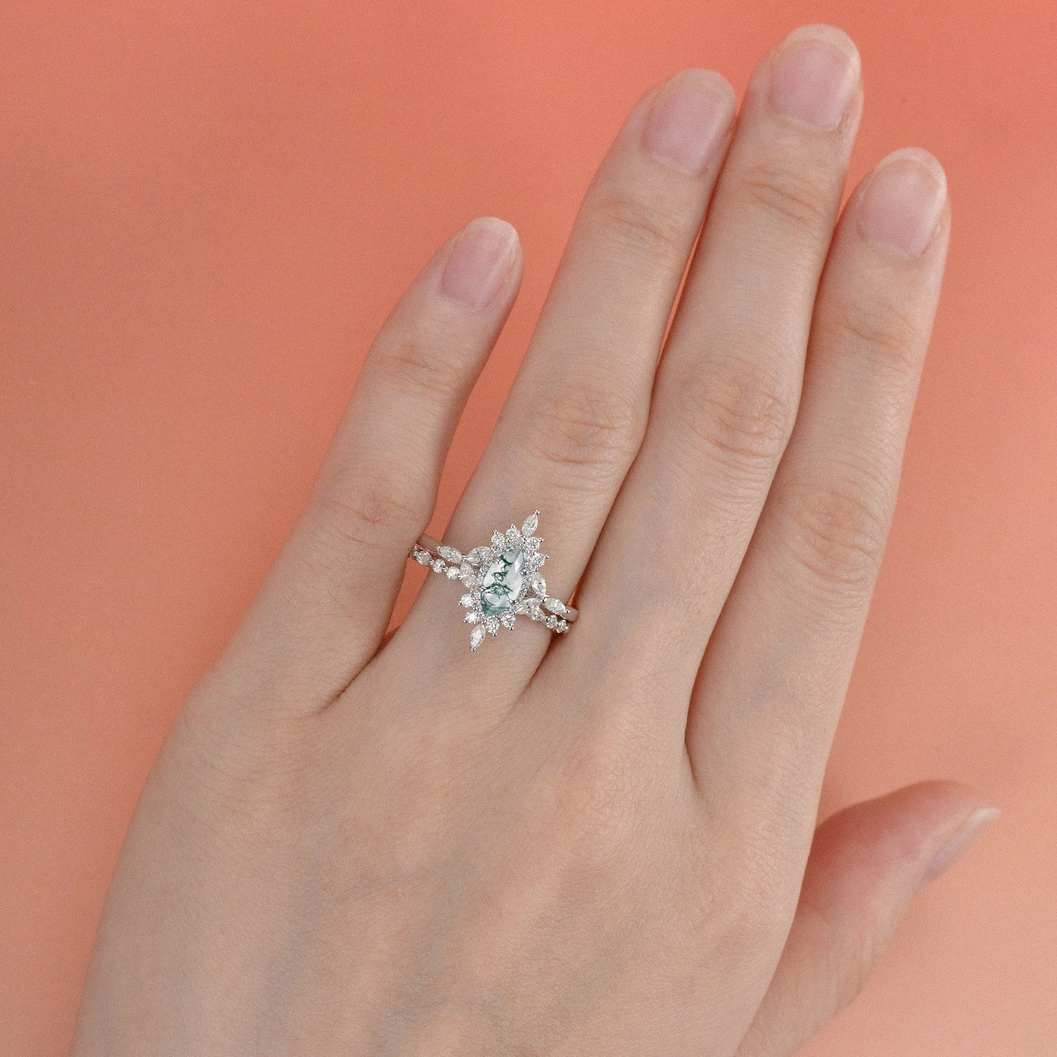 1.0ct Marquise Cut Moss Agate Cluster Vintage Engagement Ring Set 2pcs Modern Work Amazing Art