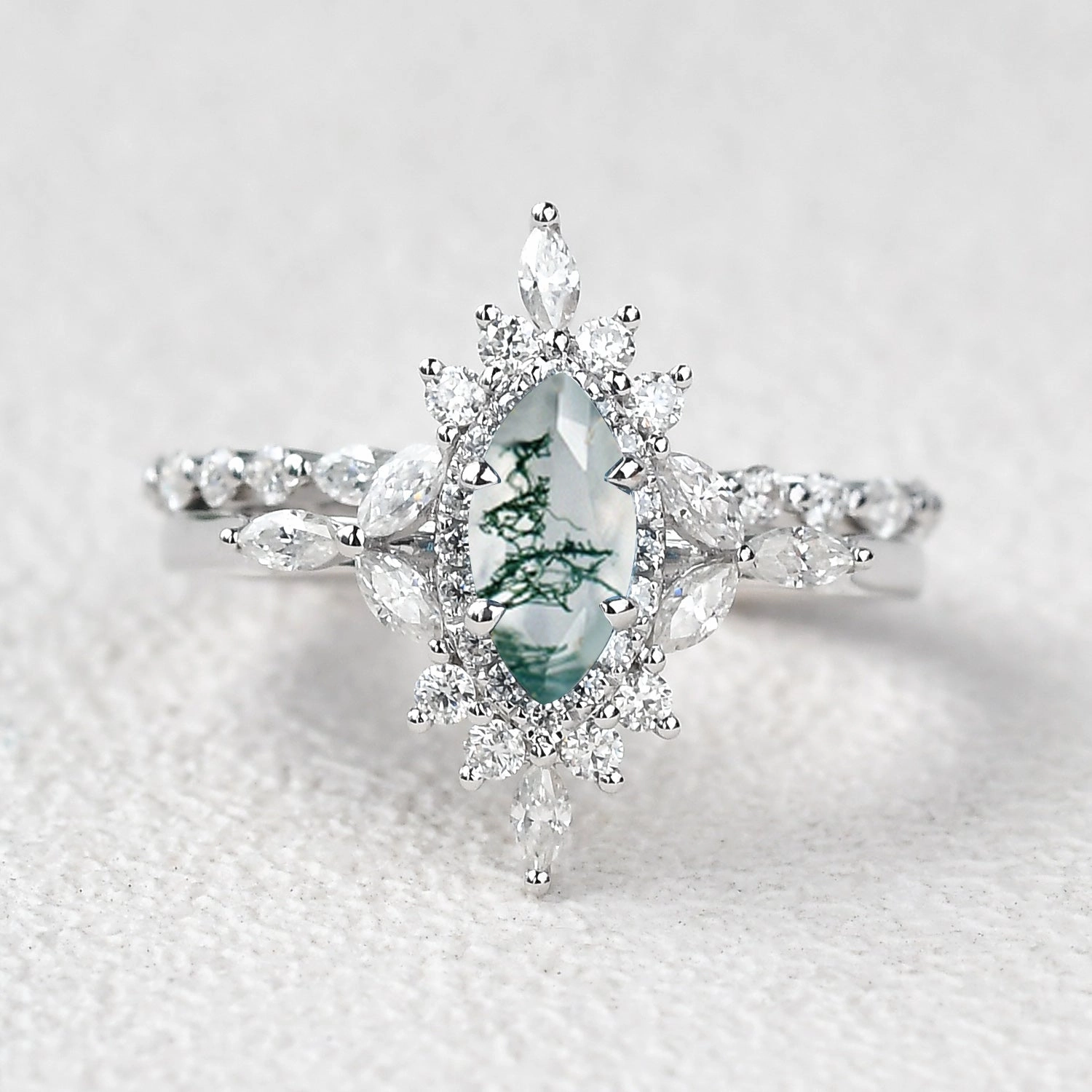 1.0ct Marquise Cut Moss Agate Cluster Vintage Engagement Ring Set 2pcs Budget Object