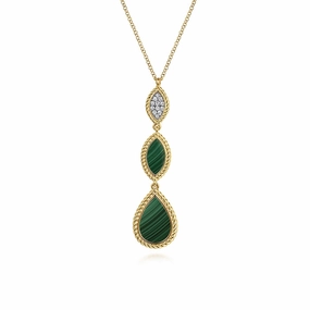 14K Yellow Gold Diamond and Malachite Rope Drop Pendant Necklace Chic Element