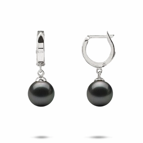 Tahitian Black Pearl Earrings in White Gold - 9-10mm Precious Gem Artisan Piece