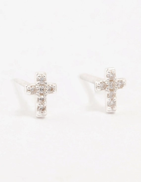 Cubic Zirconia Cross Sterling Silver Stud Earrings Vibrant Piece