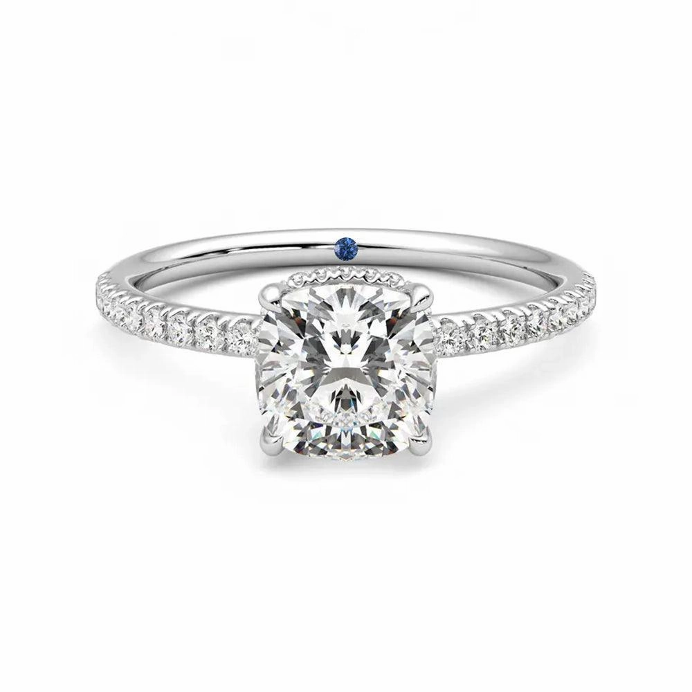 Bridal Vibe Precious Detail Cushion Cut Moissanite Engagement Ring with Hidden Halo and Anniversary Stone Accent