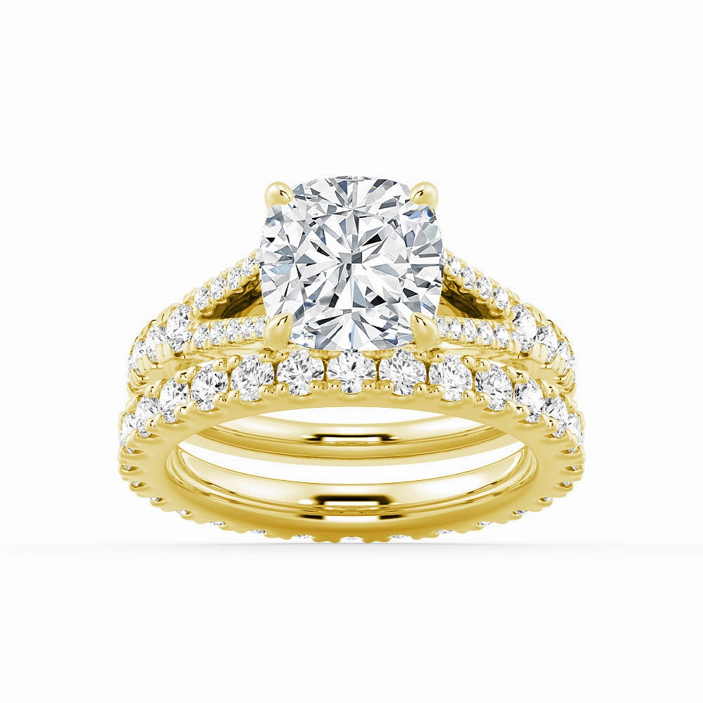 Cushion Cut Split Shank Moissanite Ring Set with Matching Wedding Band Vintage Style