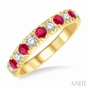 Daily Geometry Protective Coating 2.6 MM Ruby and 3/8 ctw Round Cut Diamond Precious Wedding Band in 14K Yellow Gold
