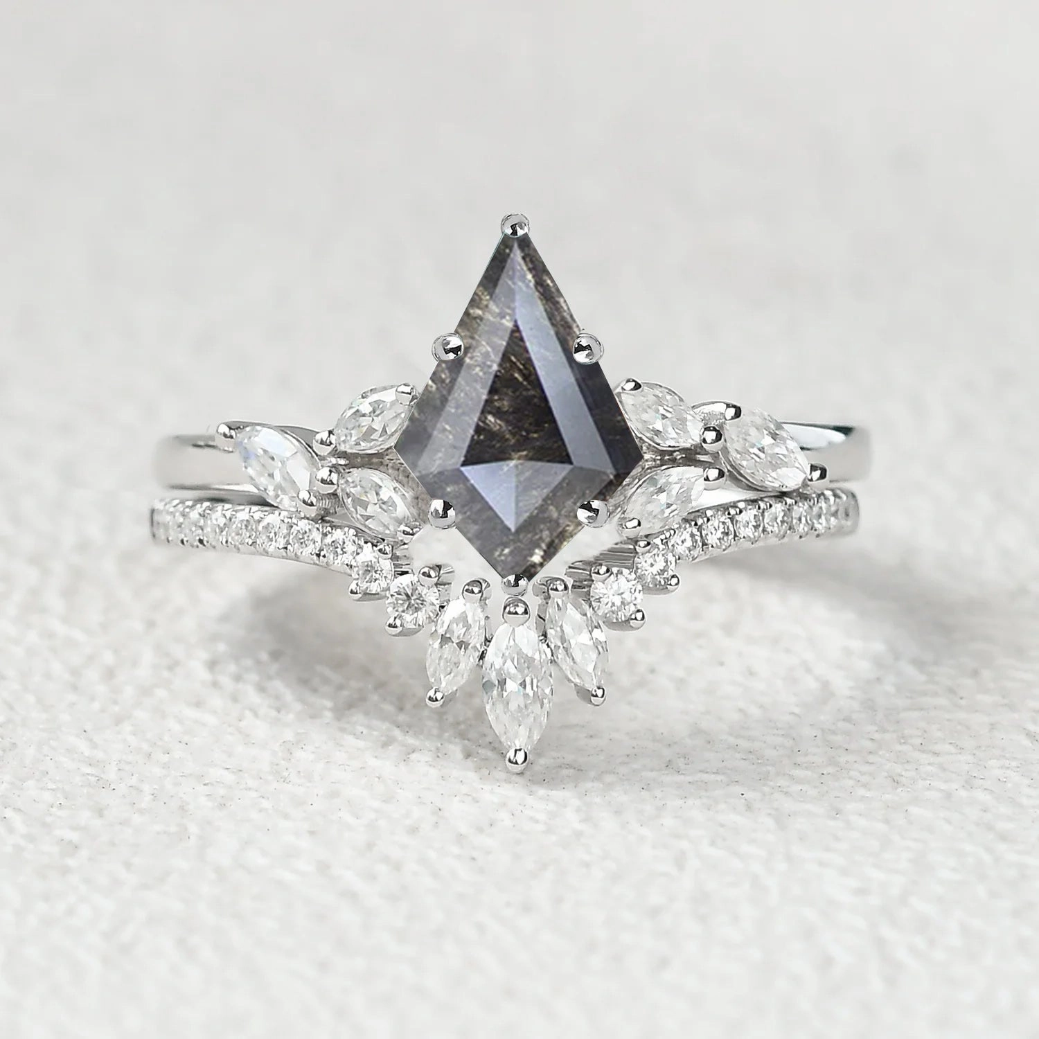 Kite Cut Salt and Pepper Diamonds Cluster Engagement Ring Set 2pcs Distinct Piece