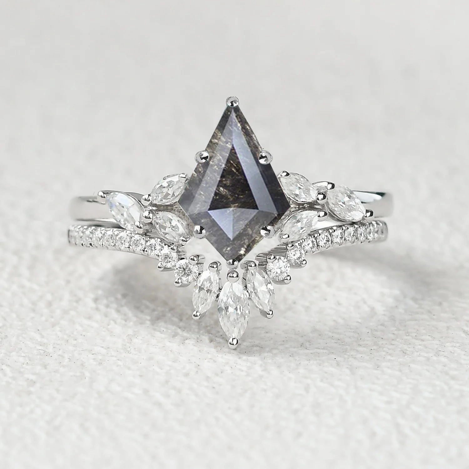 Kite Cut Salt and Pepper Diamonds Cluster Engagement Ring Set 2pcs Finished Goods