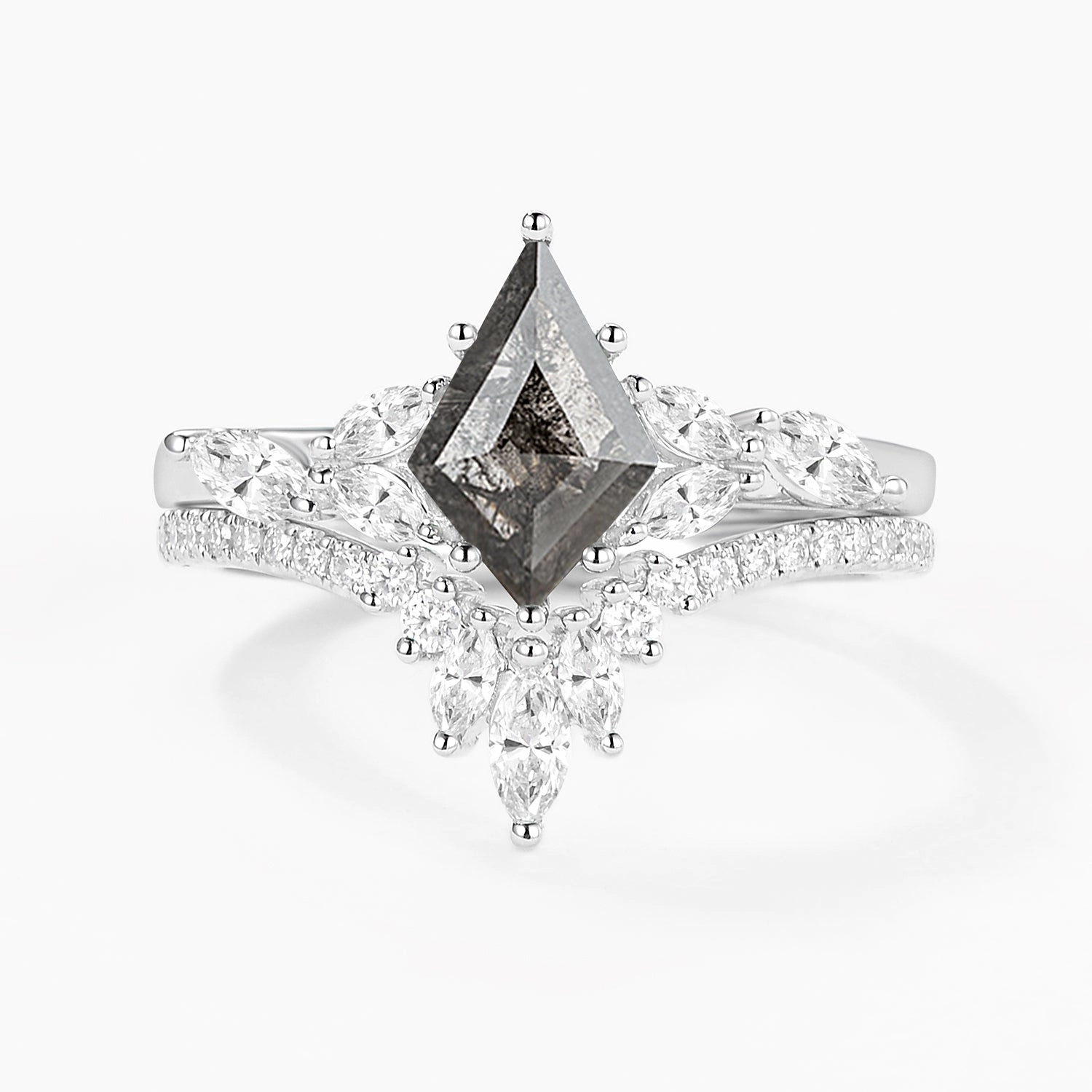 Kite Cut Salt and Pepper Diamonds Cluster Engagement Ring Set 2pcs Trendy Outfit