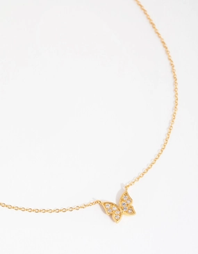Gold Plated Sterling Silver Pave Butterfly Necklace Textured Layers