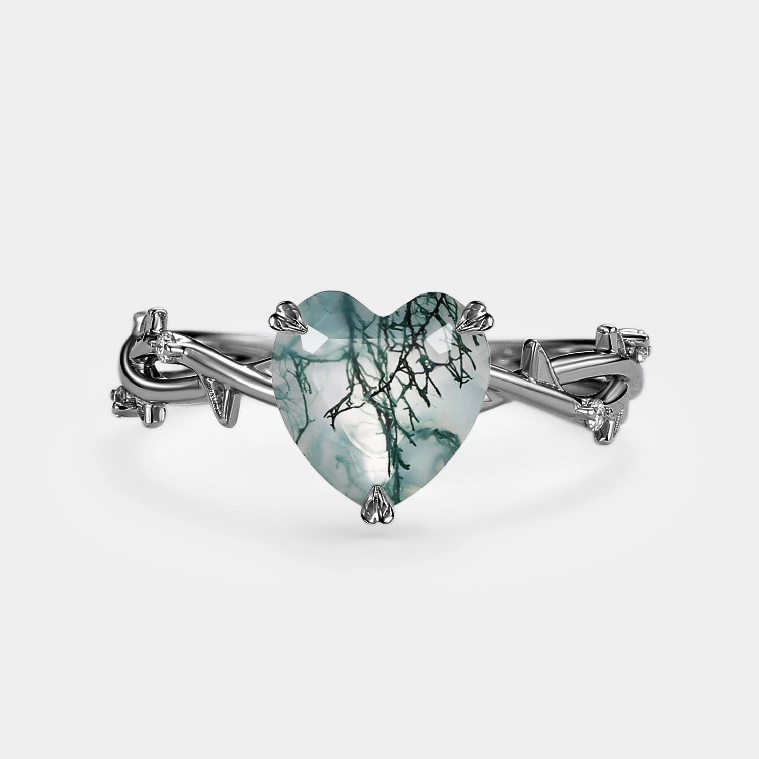 Heart Natural Moss Agate Infinity Engagement Ring - Bramble Lustrous Shine