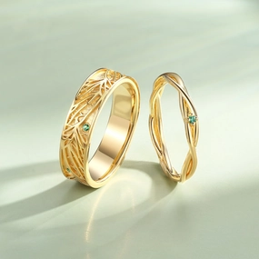 Timeless Expression Modern Classic Vintage Twig Lab Emerald Couple Ring Set 2pcs - Verdant
