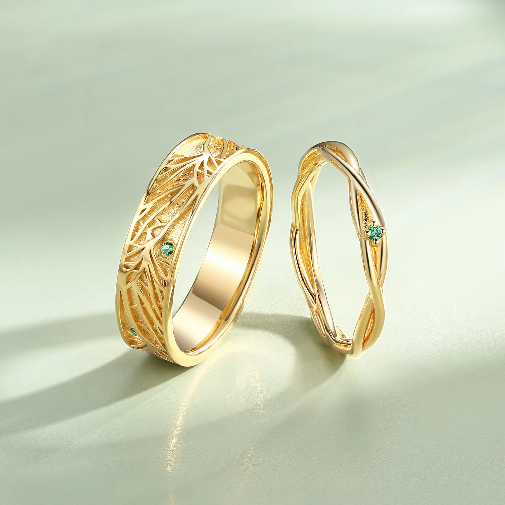 Dynamic Style Simple Piece Vintage Twig Lab Emerald Couple Ring Set 2pcs - Verdant