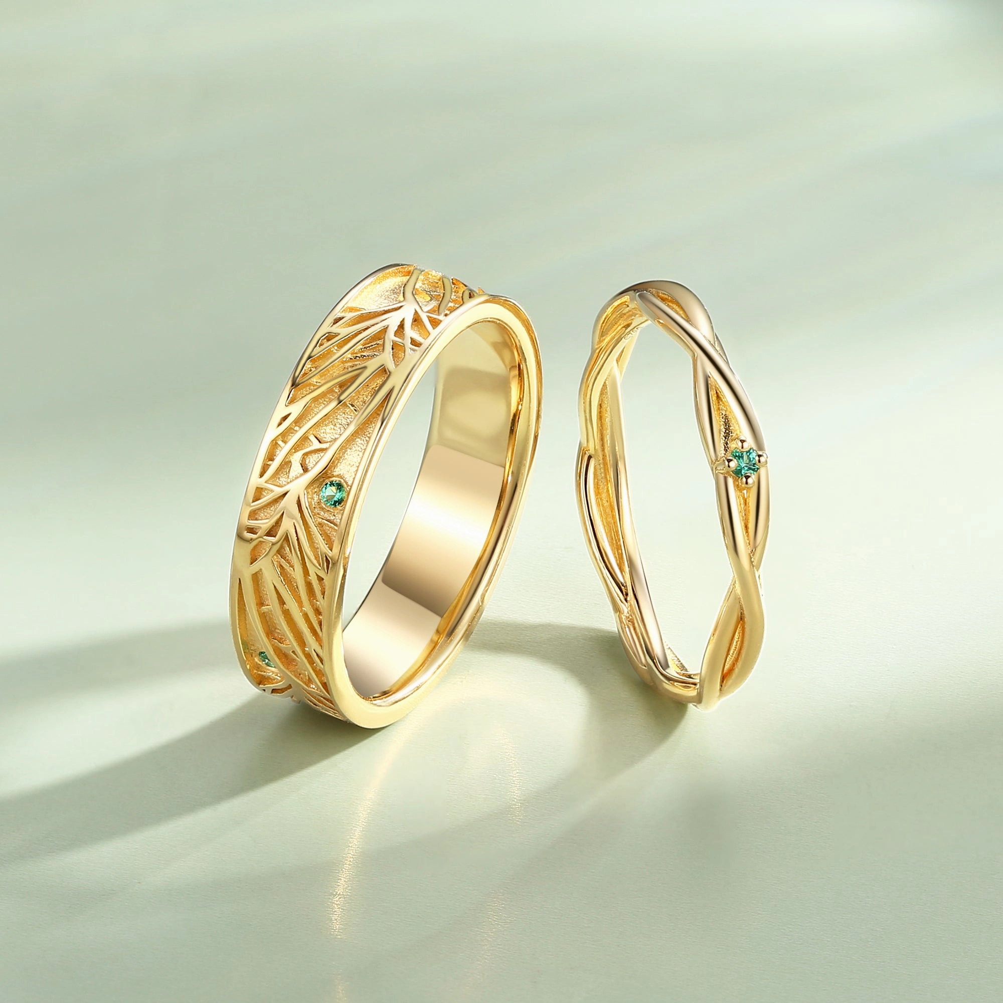 Timeless Expression Modern Classic Vintage Twig Lab Emerald Couple Ring Set 2pcs - Verdant