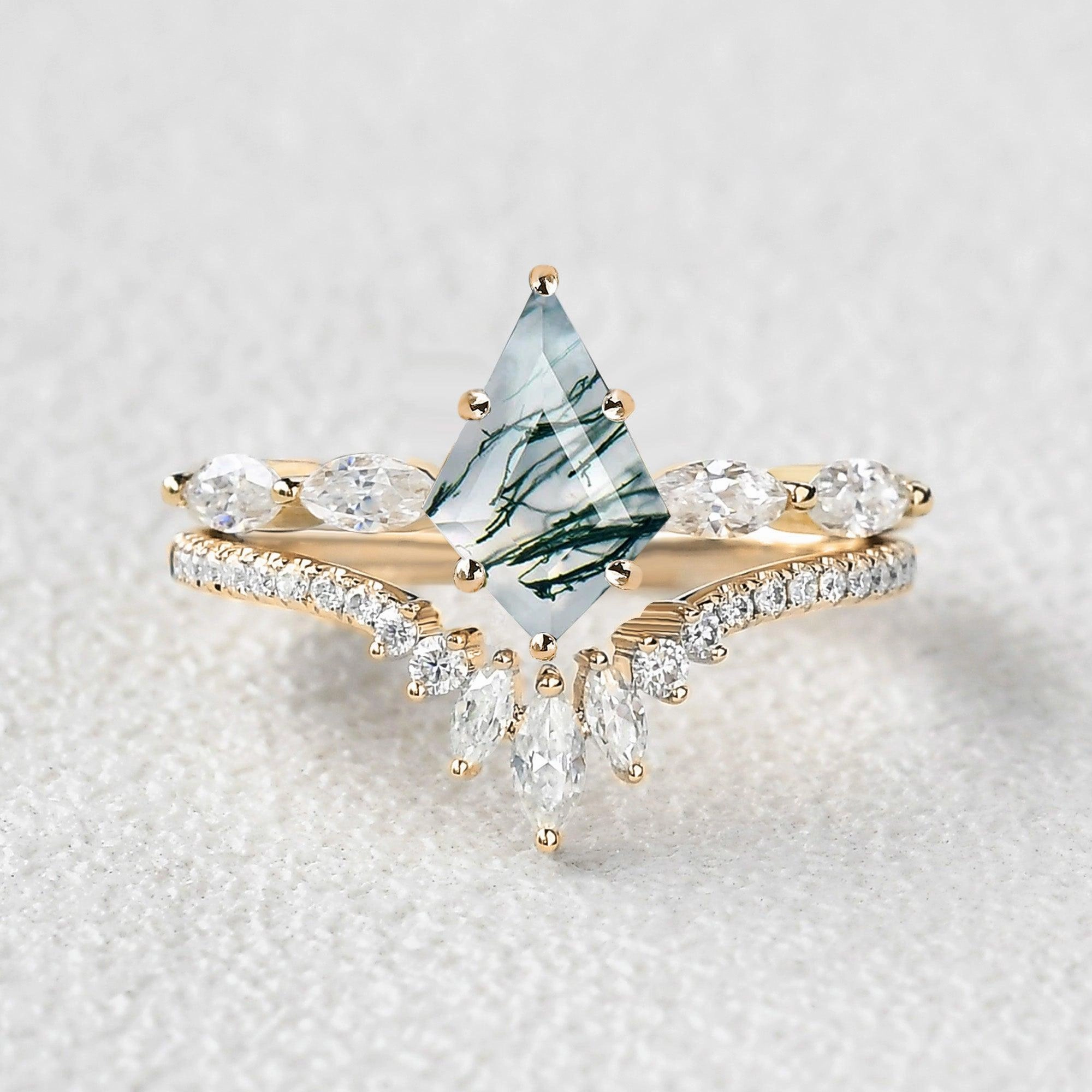 Marquise Staccato Kite Cut Moss Agate Engagement Ring Set 2pcs Glam Choice