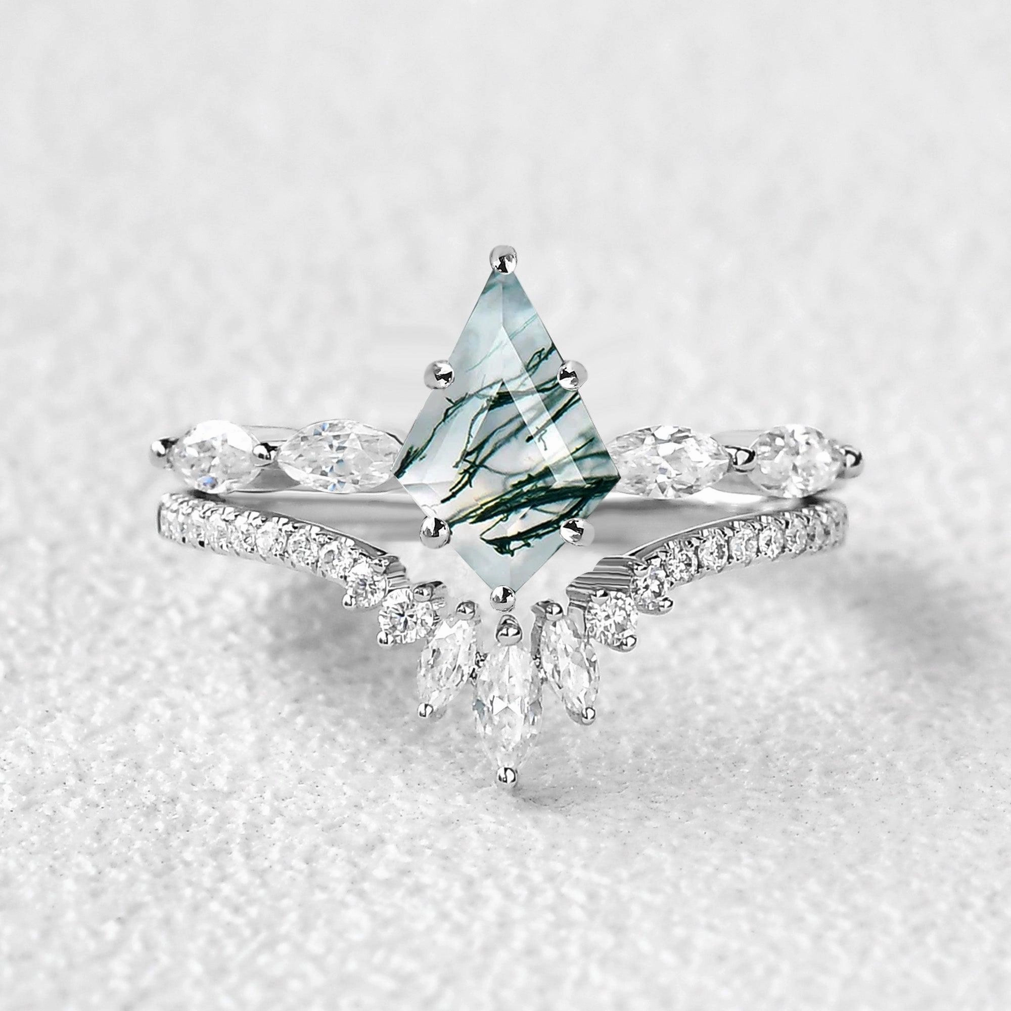 Sleek Design Marquise Staccato Kite Cut Moss Agate Engagement Ring Set 2pcs