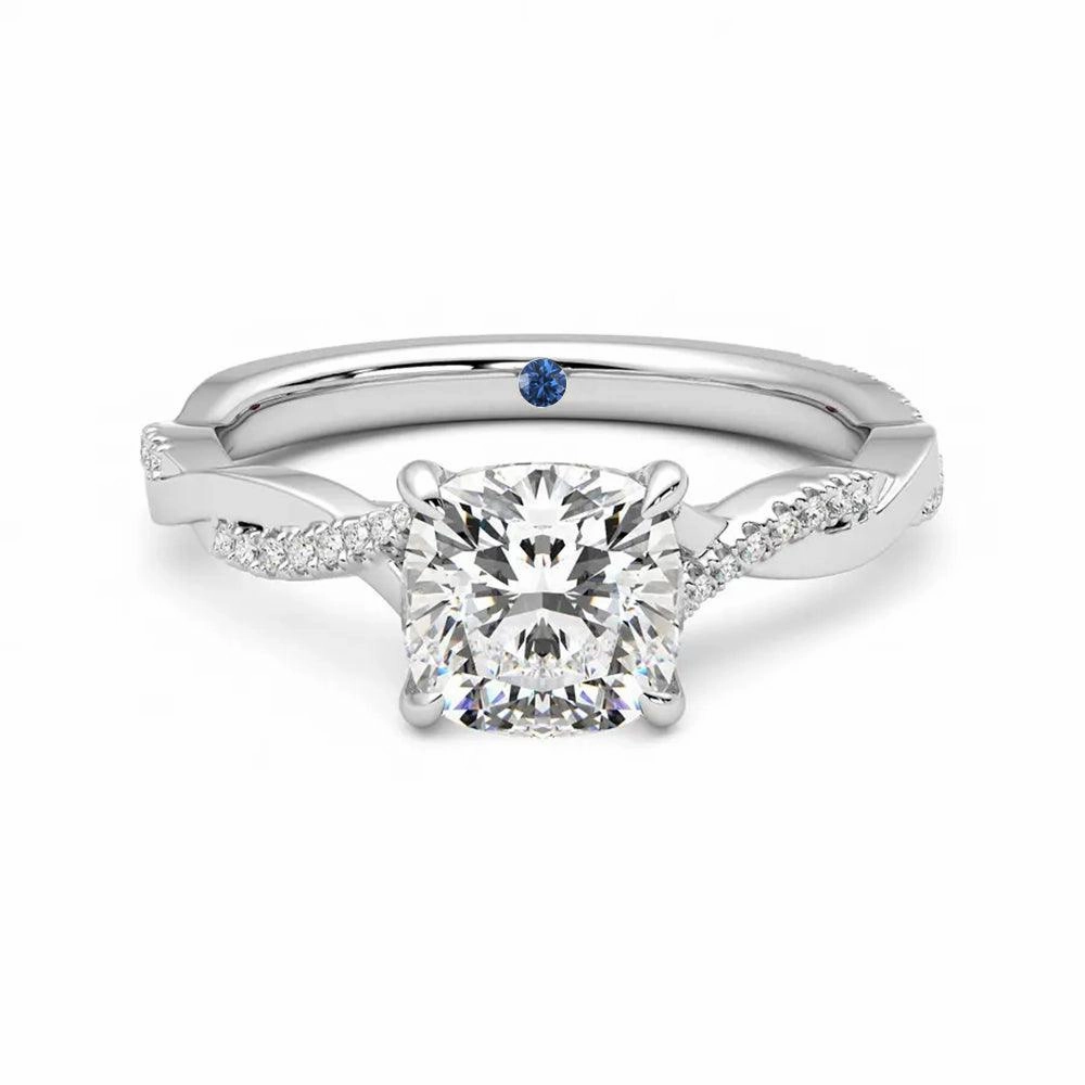 Soft Statement Handcrafted Work Twisted Band Cushion Cut Moissanite Engagement Ring with Hidden Anniversary Stone Accent