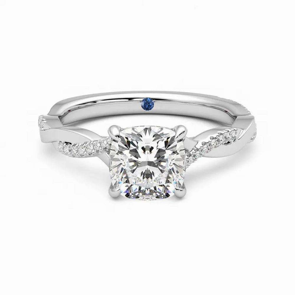 Twisted Band Cushion Cut Moissanite Engagement Ring with Hidden Anniversary Stone Accent Luxury Edge