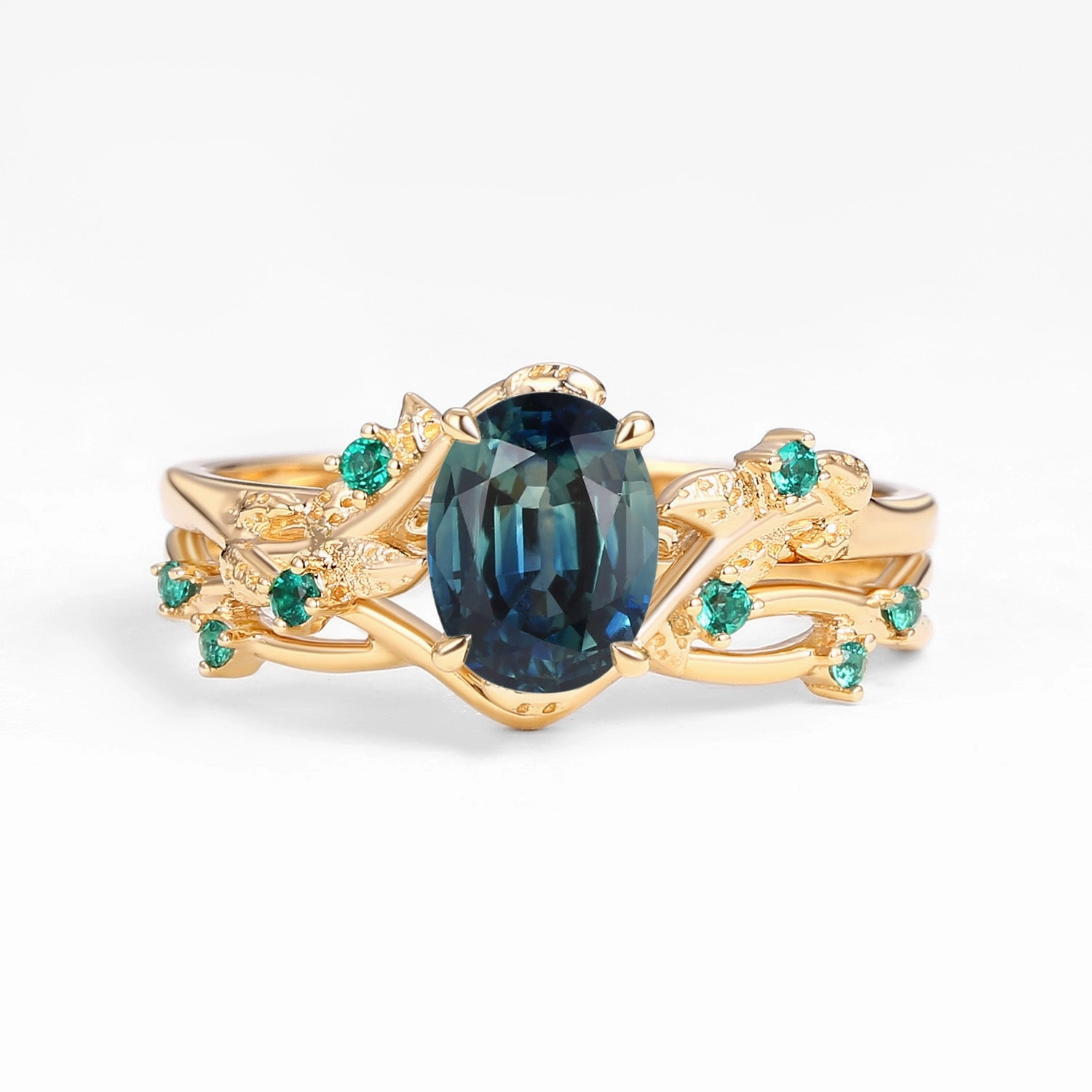 Gift Under 100 Unique Adornment Nature Inspired - Oval Cut Teal Sapphire Leafy Black Gold Ring Set 2pcs - Mossy