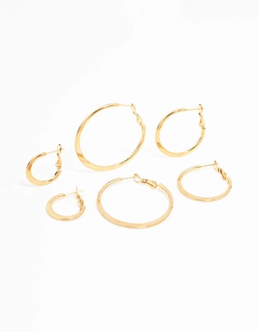 Waterproof Gold Plated Stainless Steel Thin Hoop Earrings 3-Pack Subtle Detail