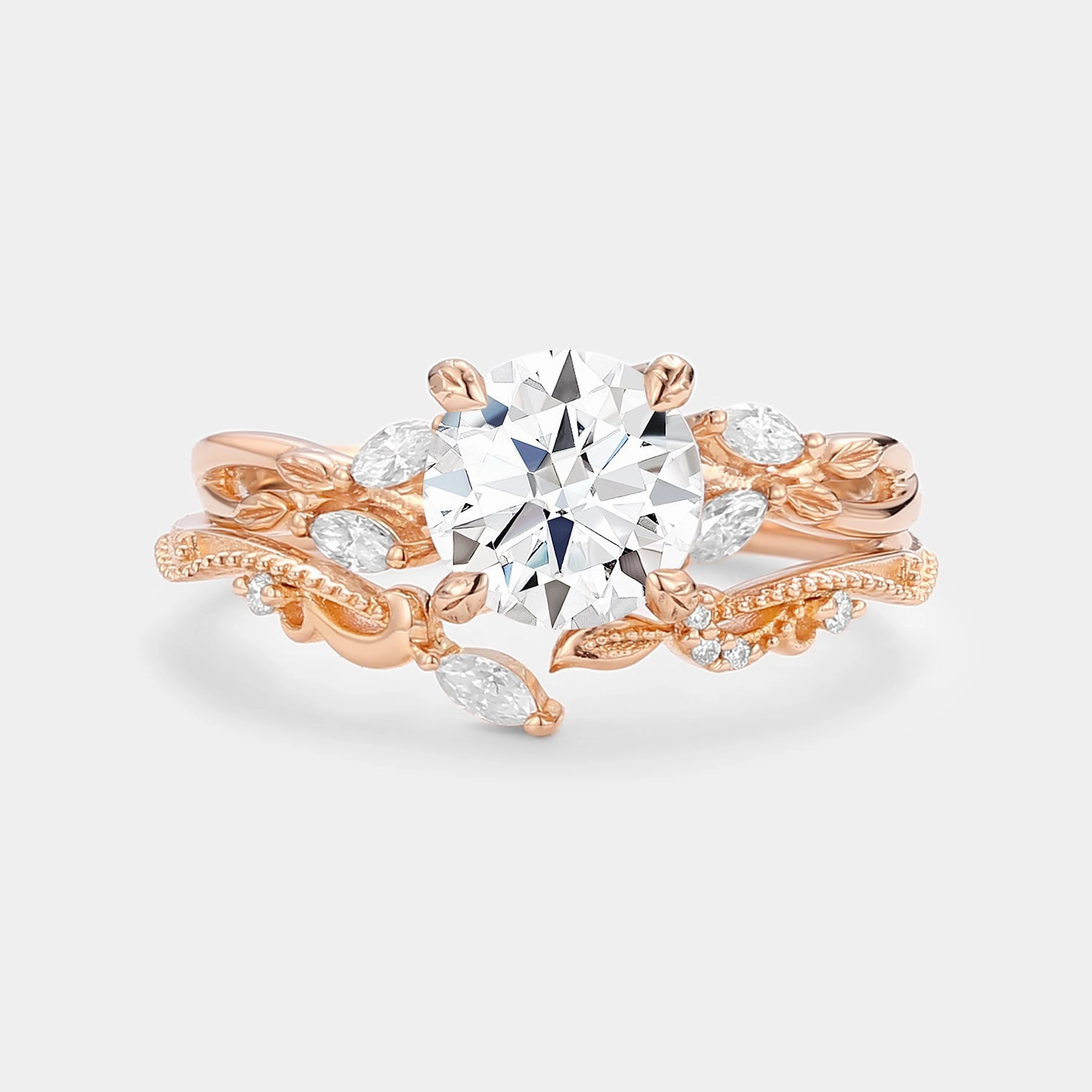 Round Cut Moss Agate Leafy Engagement Ring Set 2pcs Style Pop Bold Layer