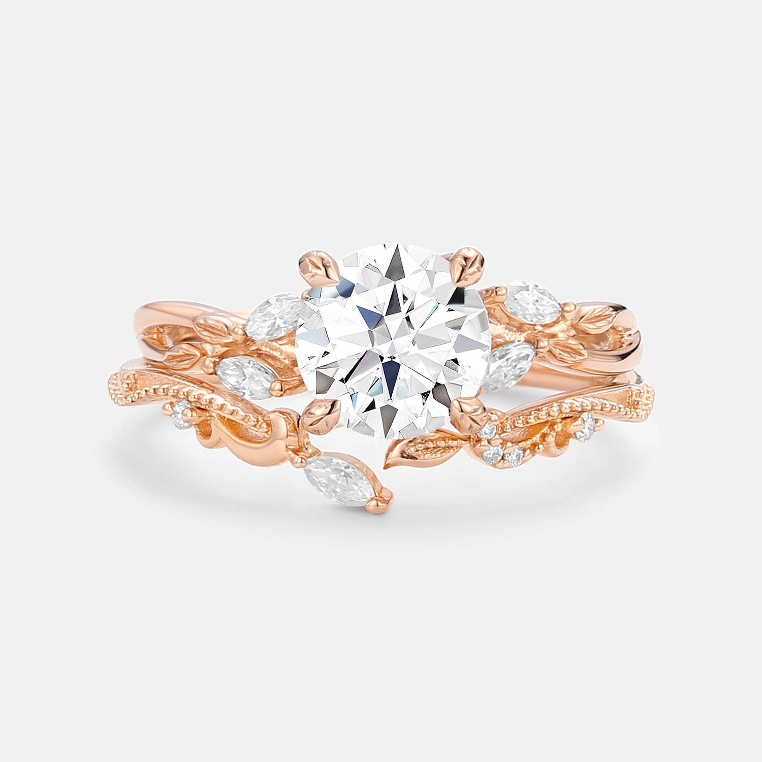 Secure Work Textured Finish Round Cut Moss Agate Leafy Engagement Ring Set 2pcs