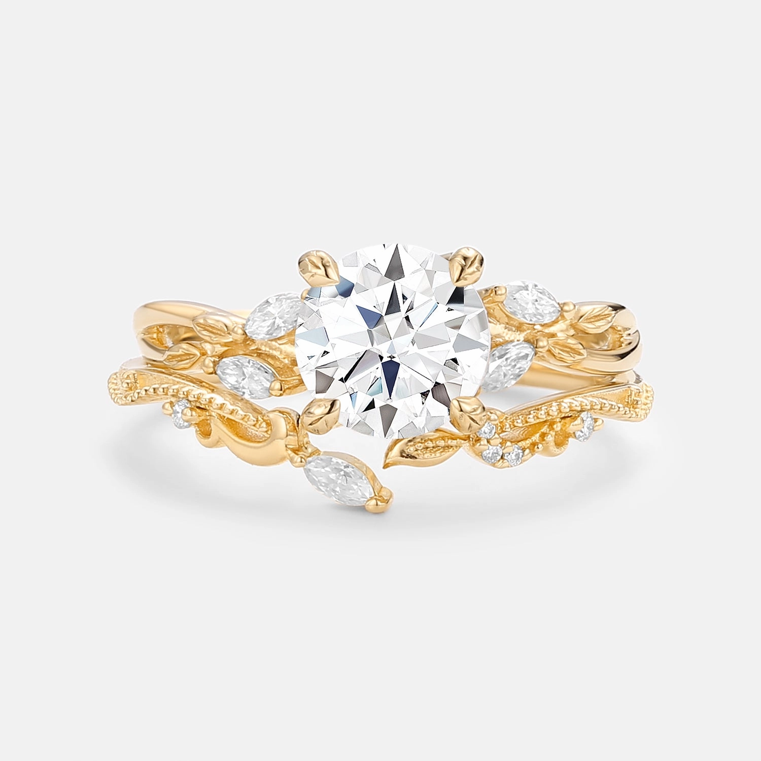 Glow Vibe Round Cut Moss Agate Leafy Engagement Ring Set 2pcs