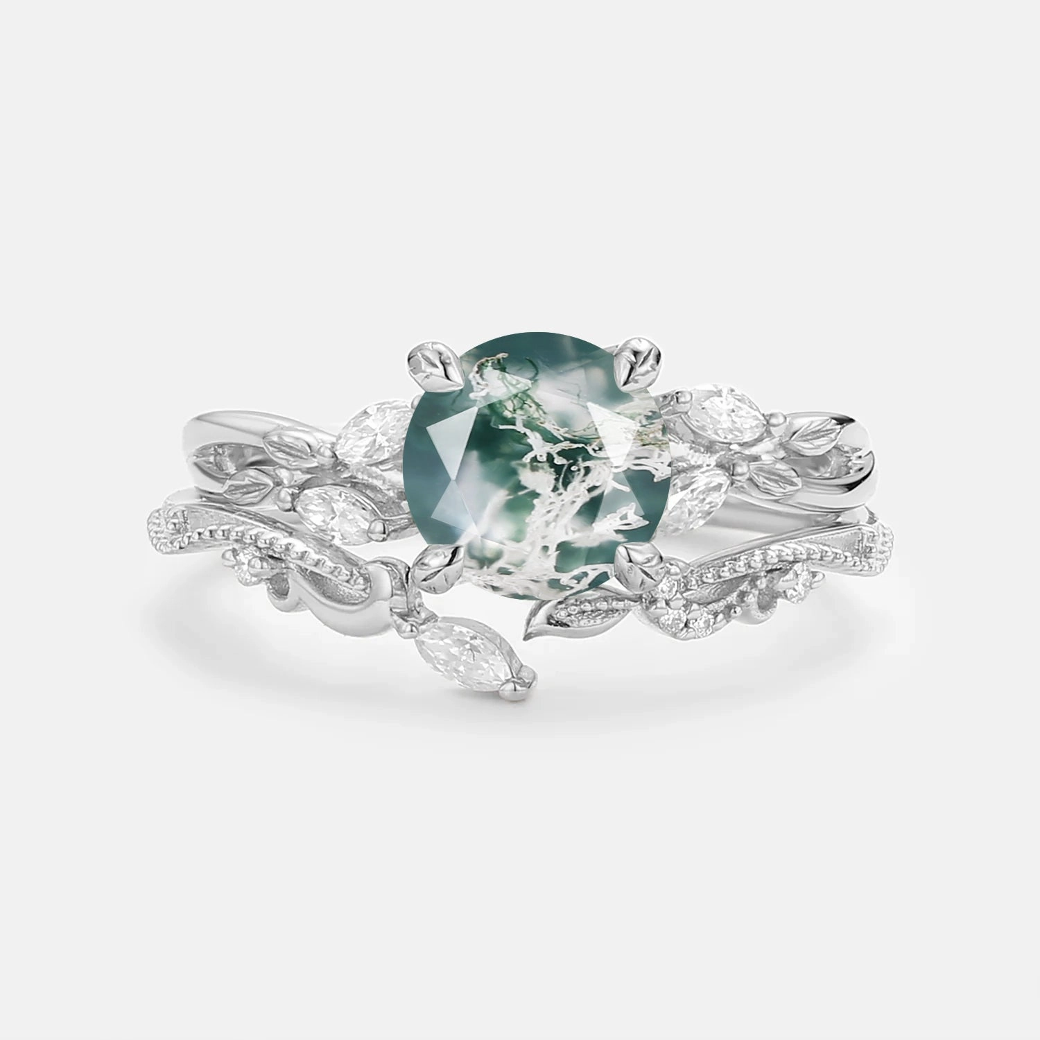 Luxury Gift Round Cut Moss Agate Leafy Engagement Ring Set 2pcs