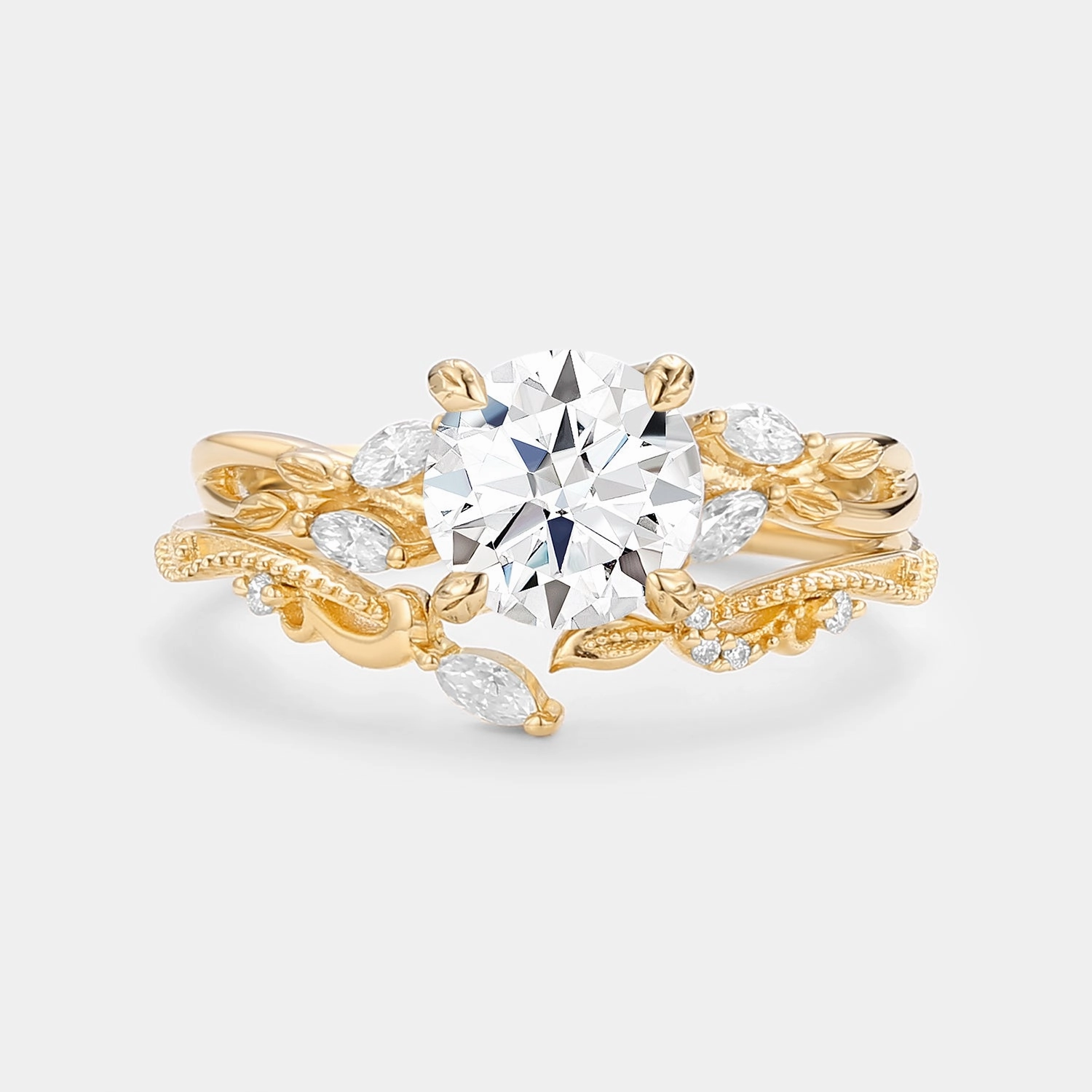 Sturdy Work Precision Cut Round Cut Moss Agate Leafy Engagement Ring Set 2pcs