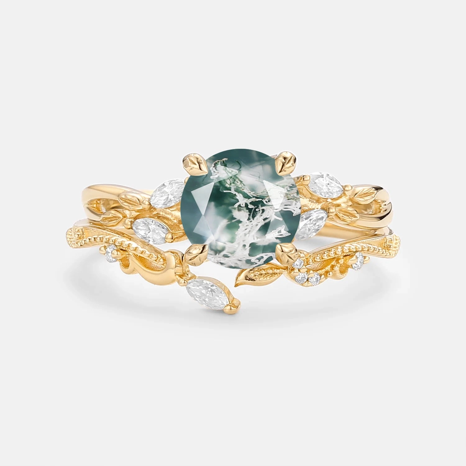 Round Cut Moss Agate Leafy Engagement Ring Set 2pcs Graceful Choice