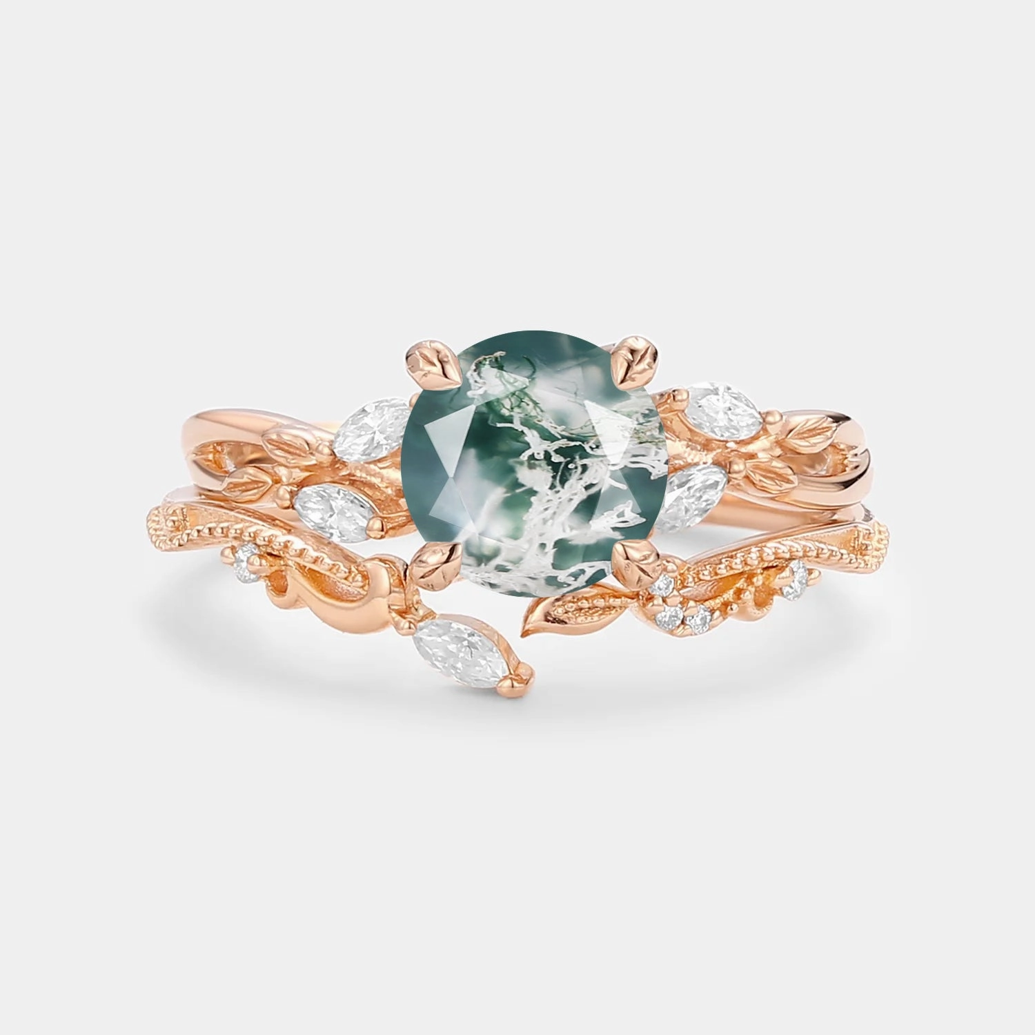 Round Cut Moss Agate Leafy Engagement Ring Set 2pcs Elegant Touch Jewelry Set