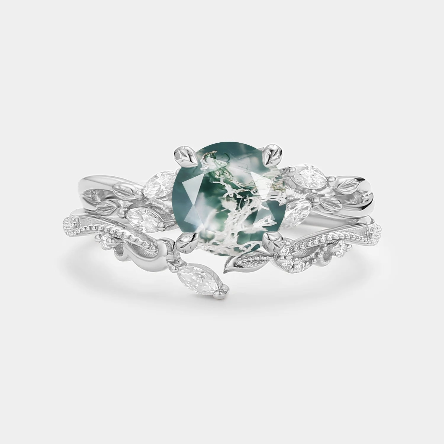 Round Cut Moss Agate Leafy Engagement Ring Set 2pcs Contemporary Touch