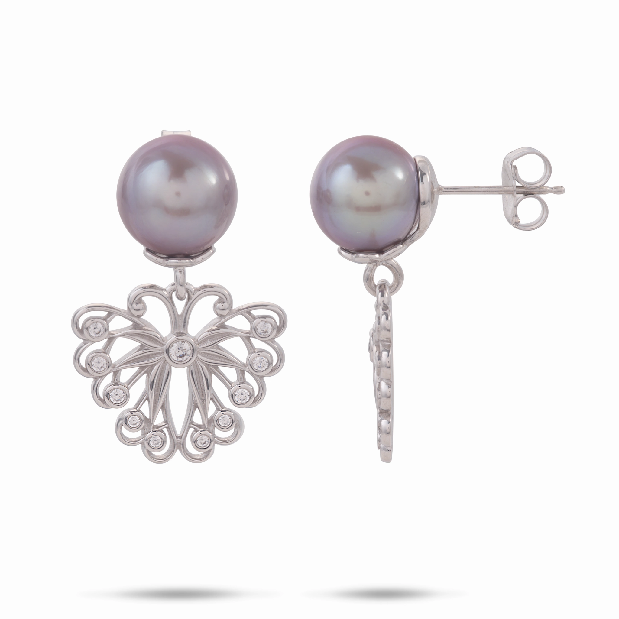 Pulelehua (Butterfly) Freshwater Pearl Earrings in Sterling Silver with Cubic Zirconia - 9-10mm Graceful Flow