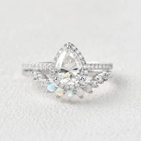 Pear Shaped Moissanite & Opal White Gold Ring Set 2pcs All Season Contemporary Form
