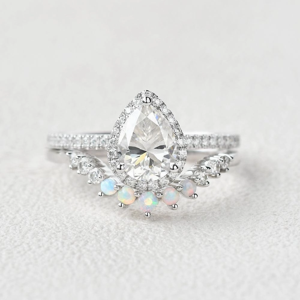 Pear Shaped Moissanite & Opal White Gold Ring Set 2pcs All Season Contemporary Form
