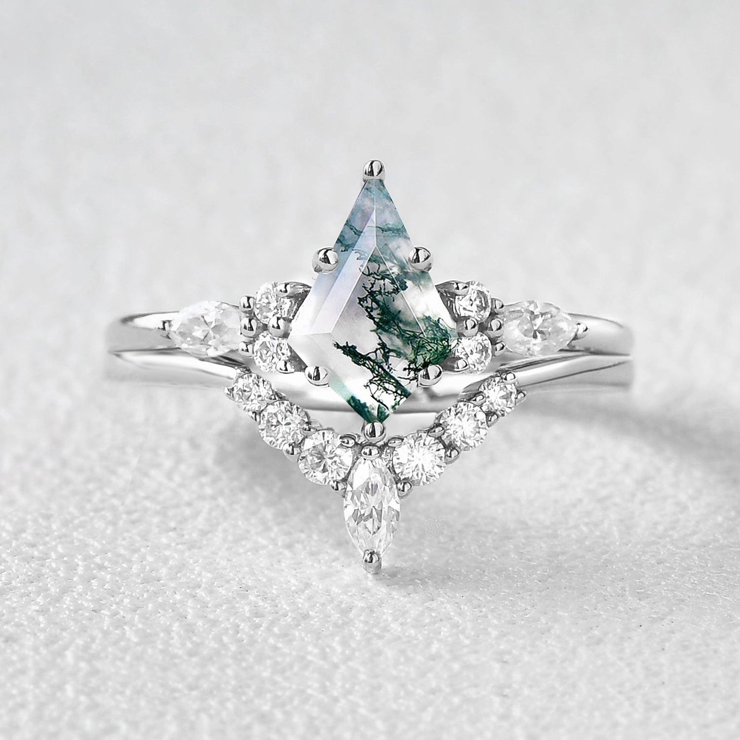 Kite Cut Moss Agate Marquise Engagement Ring Set 2pcs Trendy Accessory