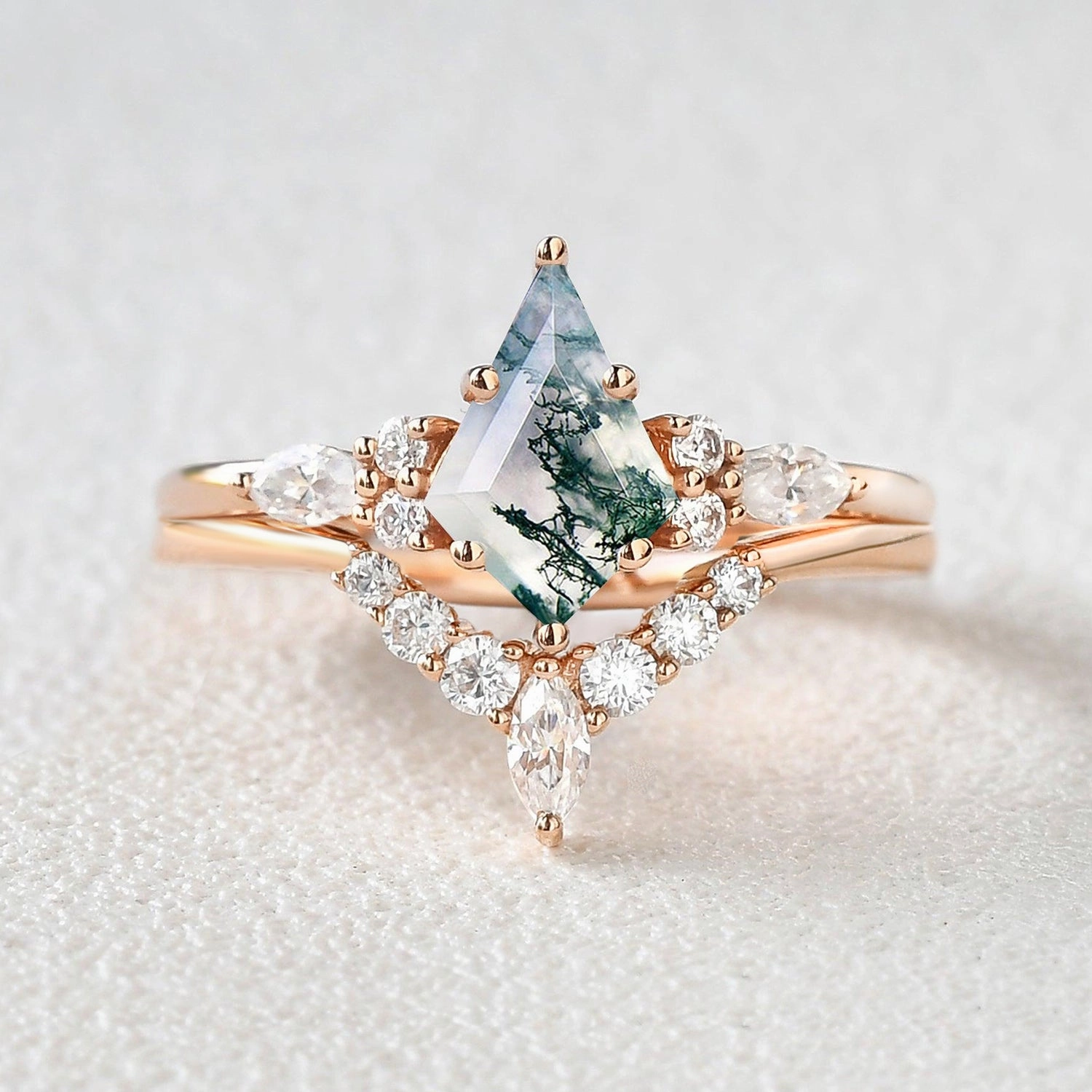 Kite Cut Moss Agate Marquise Engagement Ring Set 2pcs Everlasting Beauty