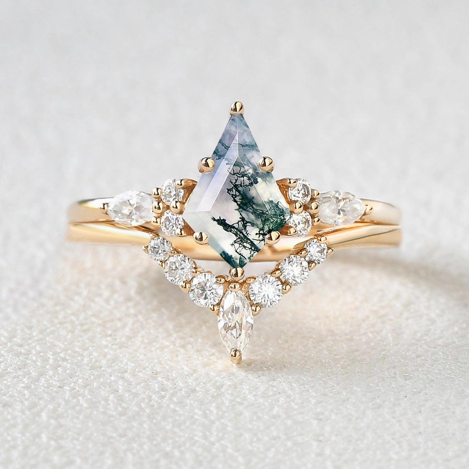Kite Cut Moss Agate Marquise Engagement Ring Set 2pcs Wedding Gift Convenient Care