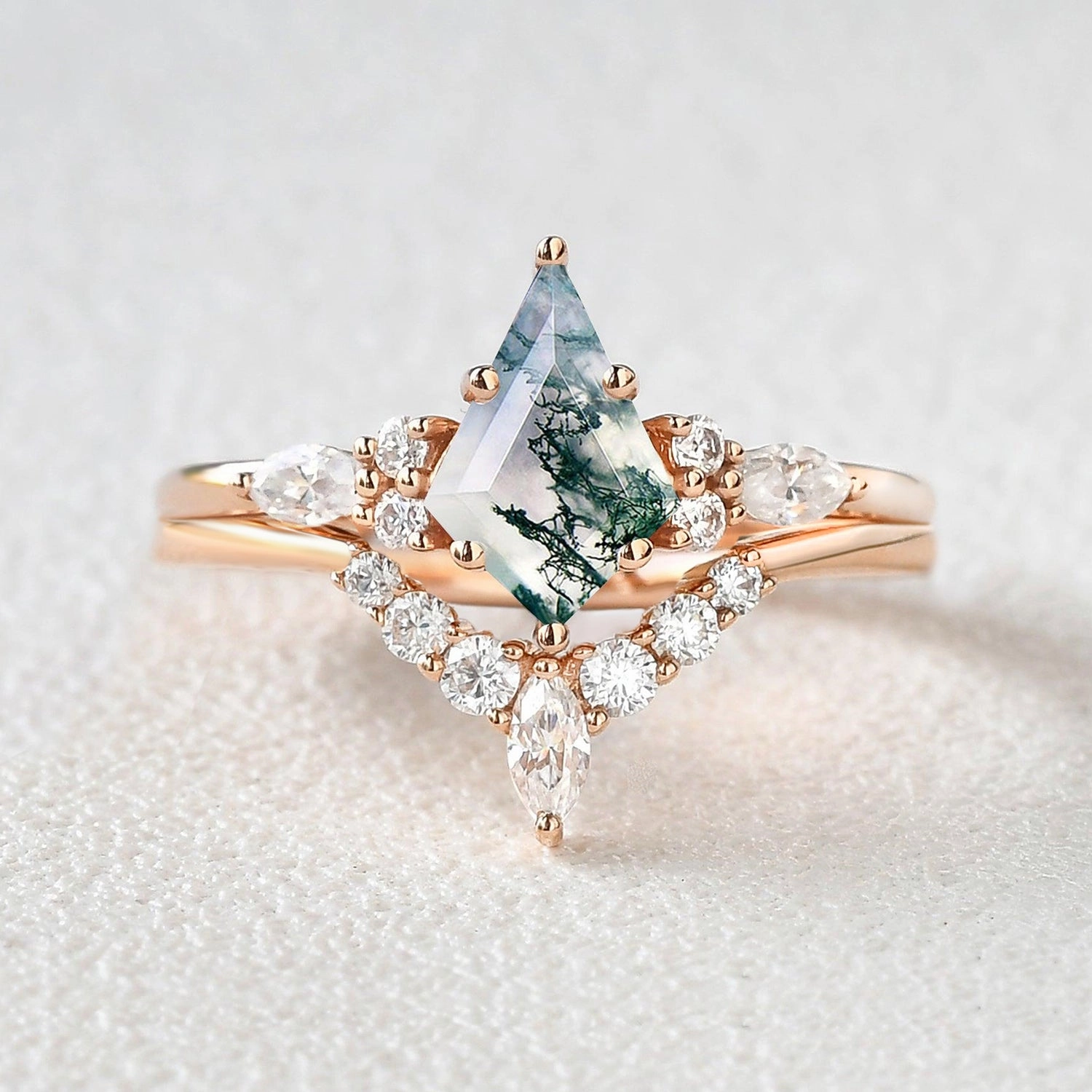 Artisan Shape Polished Accent Kite Cut Moss Agate Marquise Engagement Ring Set 2pcs