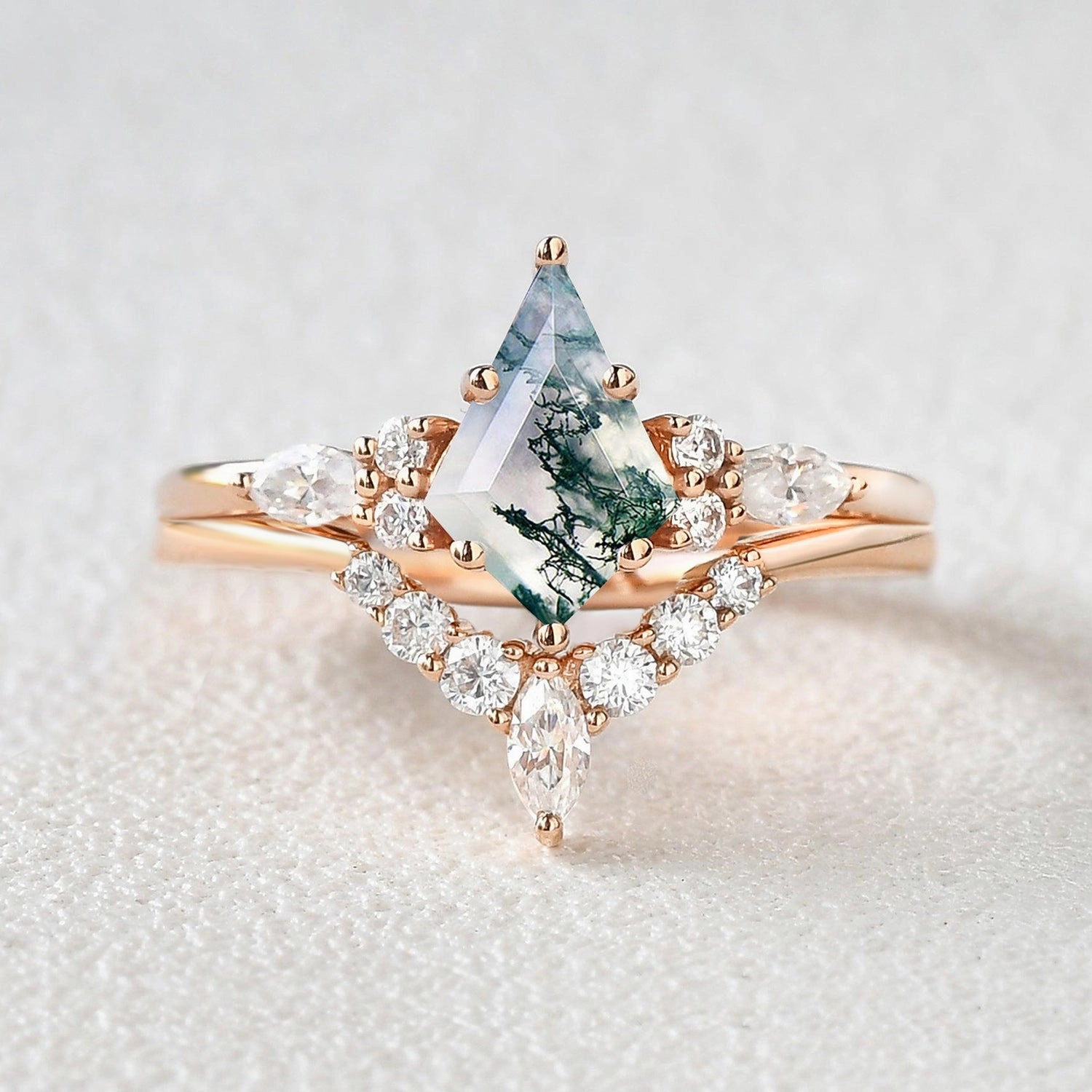 Kite Cut Moss Agate Marquise Engagement Ring Set 2pcs date night look Pretty Touch