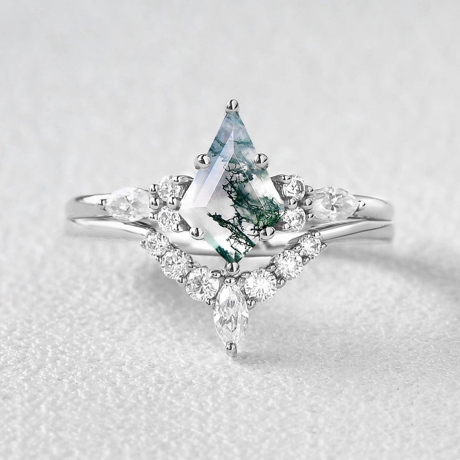 Event Glow Style Essential Kite Cut Moss Agate Marquise Engagement Ring Set 2pcs