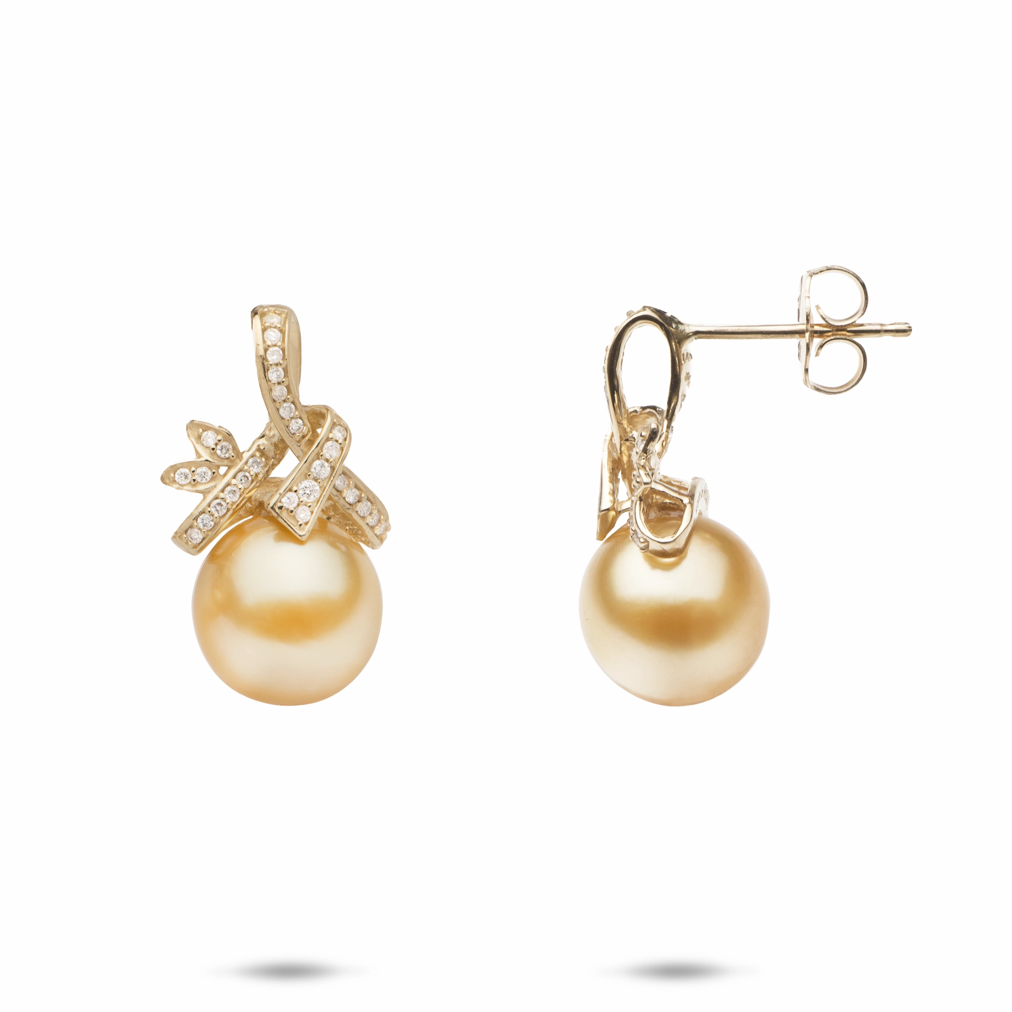 Party Outfit South Sea Gold Pearl Earrings in Gold with Diamonds - 9-10mm