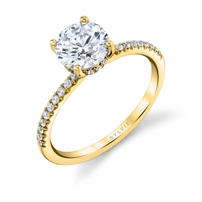 Sculpted Edge 14K Yellow Gold Diamond Engagement Ring with Accented Band
