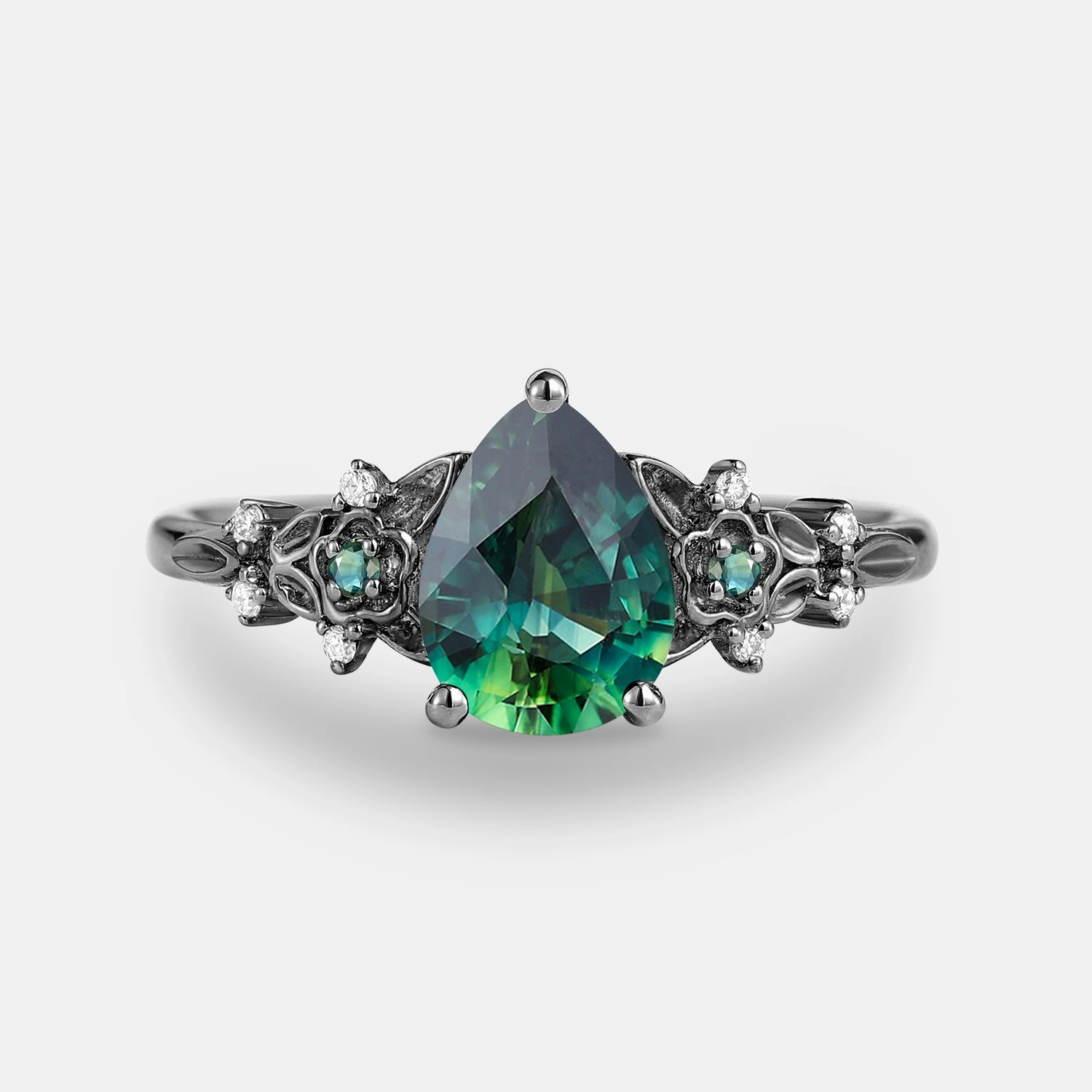 Luxury Edge Chic Glimmer Black Gold Pear Shaped Teal Sapphire Flower Engagement Ring