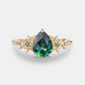 Black Gold Pear Shaped Teal Sapphire Flower Engagement Ring Subtle Finish Glam Glow