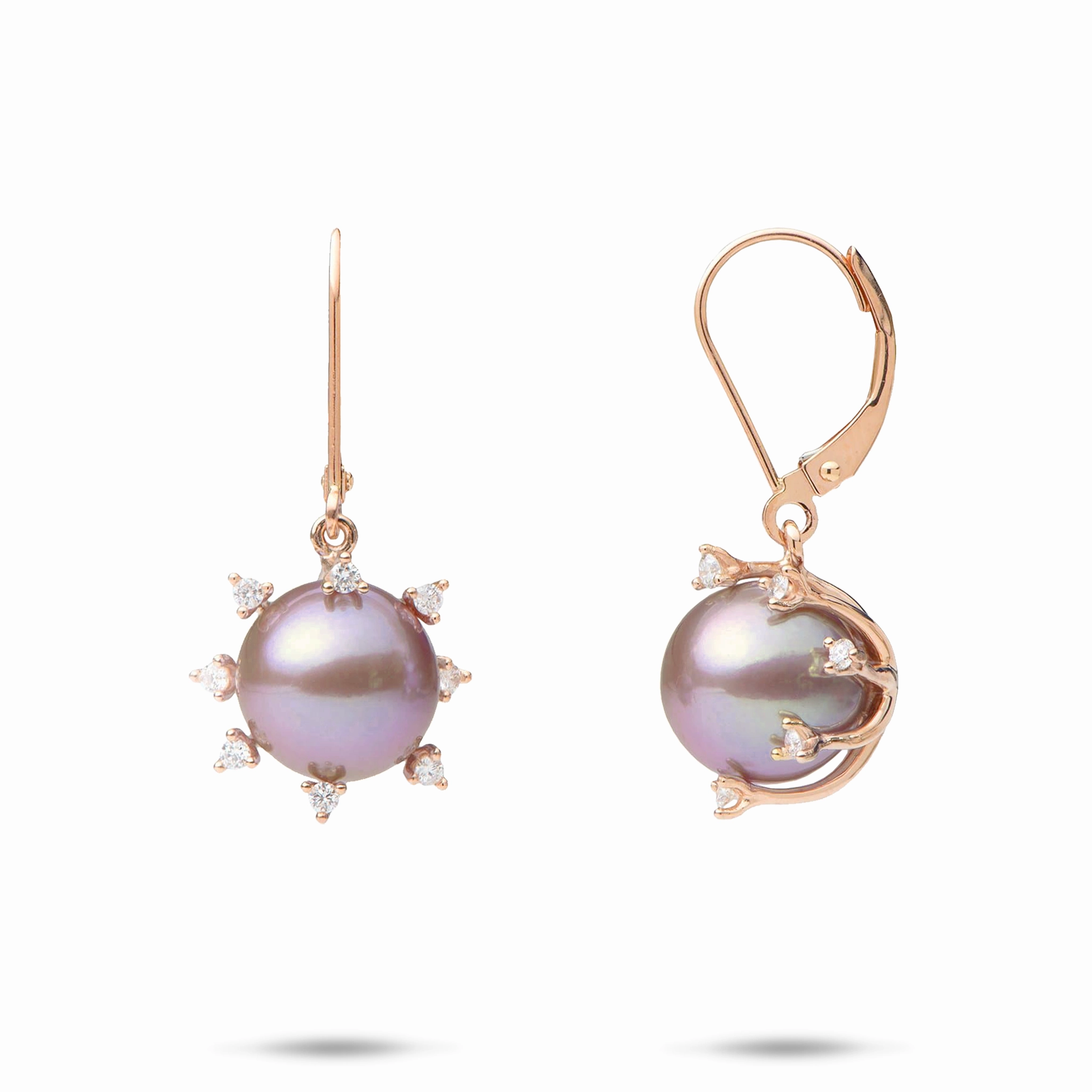 Protea Ultraviolet Freshwater Pearl Earrings in Rose Gold with Diamonds - 10-11mm Subtle Beauty