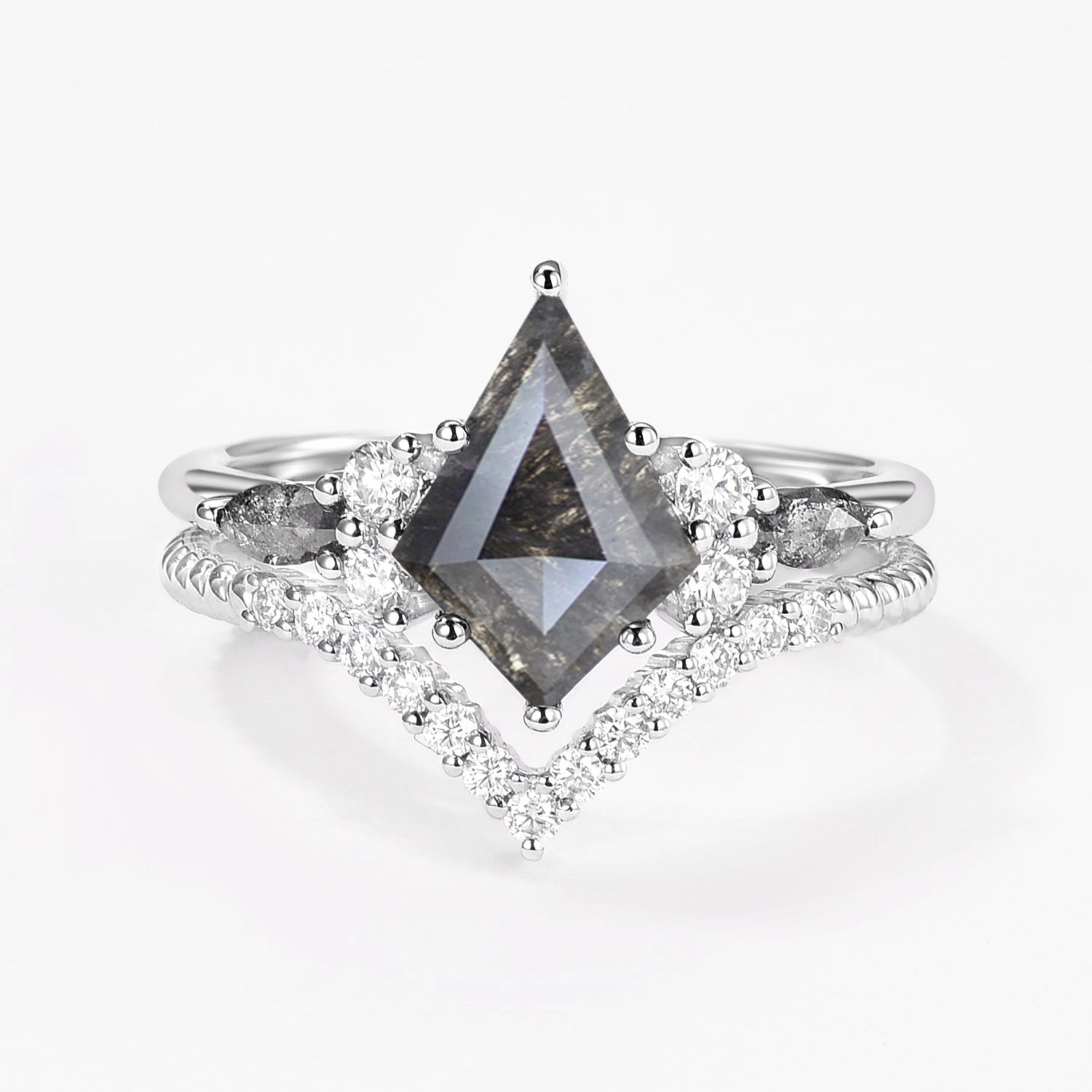 Dark Grey Kite Cut Salt and Pepper Diamonds Twist Engagement Ring Set 2pcs Classic Spark Balanced Detail